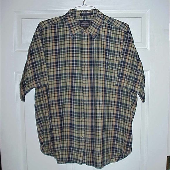 BOGARI, XL, MEN'S, TAN & BLUE, PRE-OWNED, LAUNDERED, GENTLY WORN, S.S. SHIRT - Picture 1 of 2